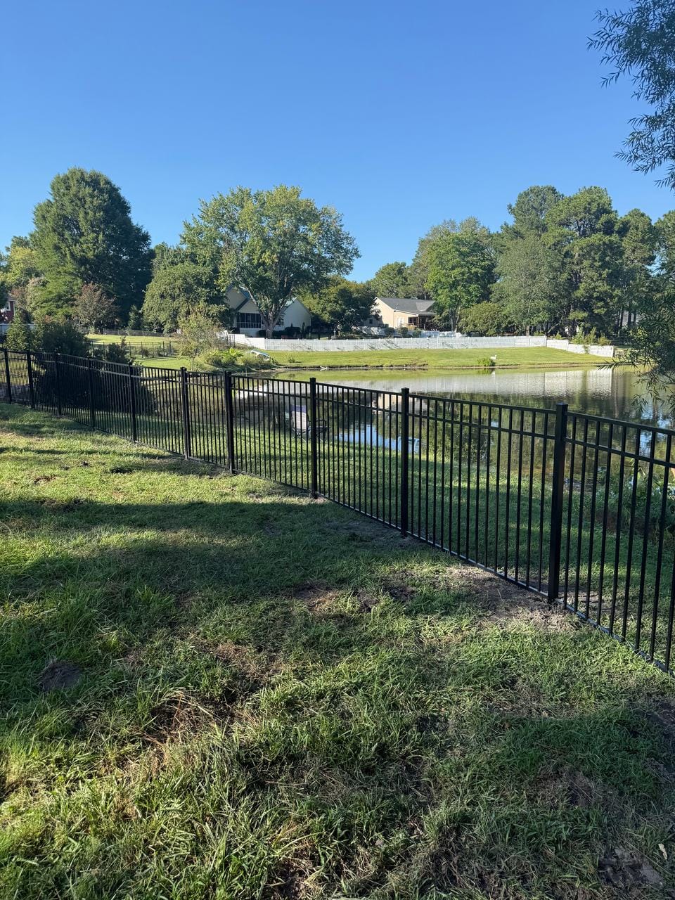 Black aluminum fence along a pond bank